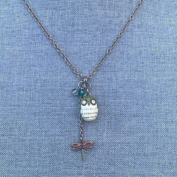 Owl Green & White Pendant Necklace with Red Dragonfly & Beaded Charms. EUC! - Picture 1 of 4